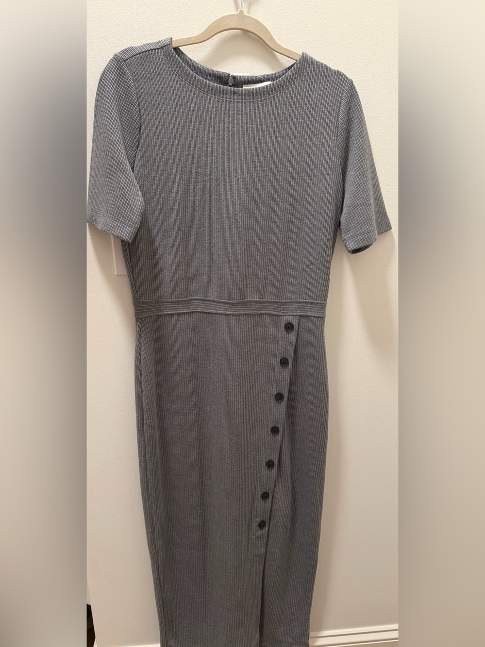 LOFT Gray Ribbed Midi Dress with Side Button Detail